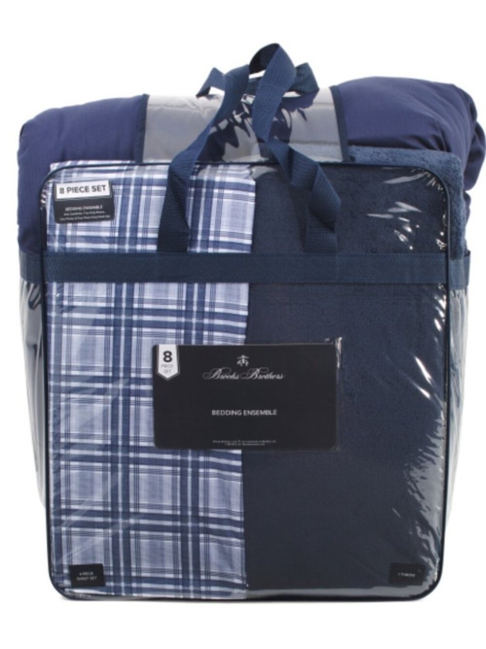 Brooks Brothers Navy Blue Plaid and Solid 8-Piece Bedding Set